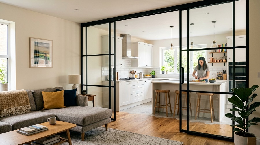 Vách ngăn nhôm kính cửa lùa phòng khách - bếp